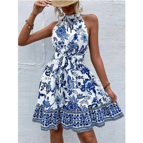 Blue And White Boho Women's Floral Print Belted Halter Dress Vacation Beach - Picture 4 of 6